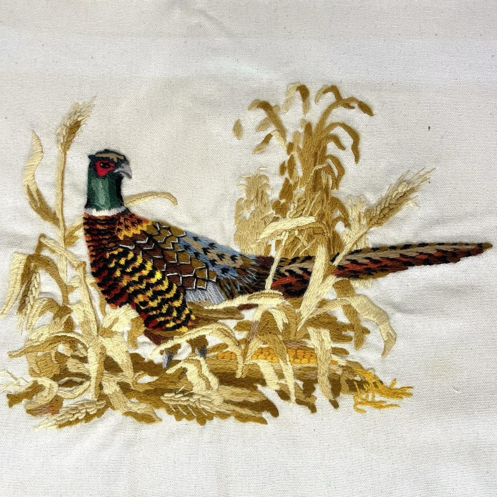 Vintage 1977 Sunset Designs #2459 Pheasant Crewel Embroidery Wheat 24x19